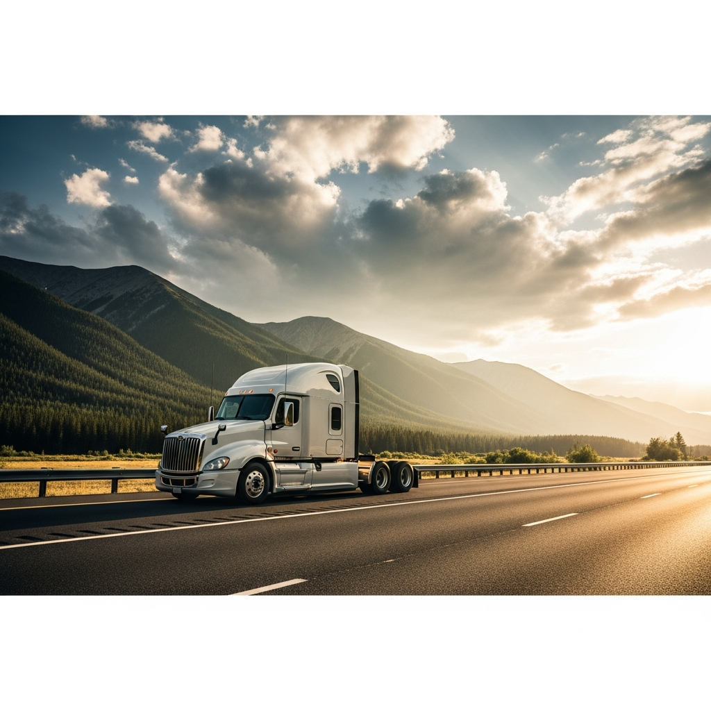 Fleet of trucks on a highway at golden hour