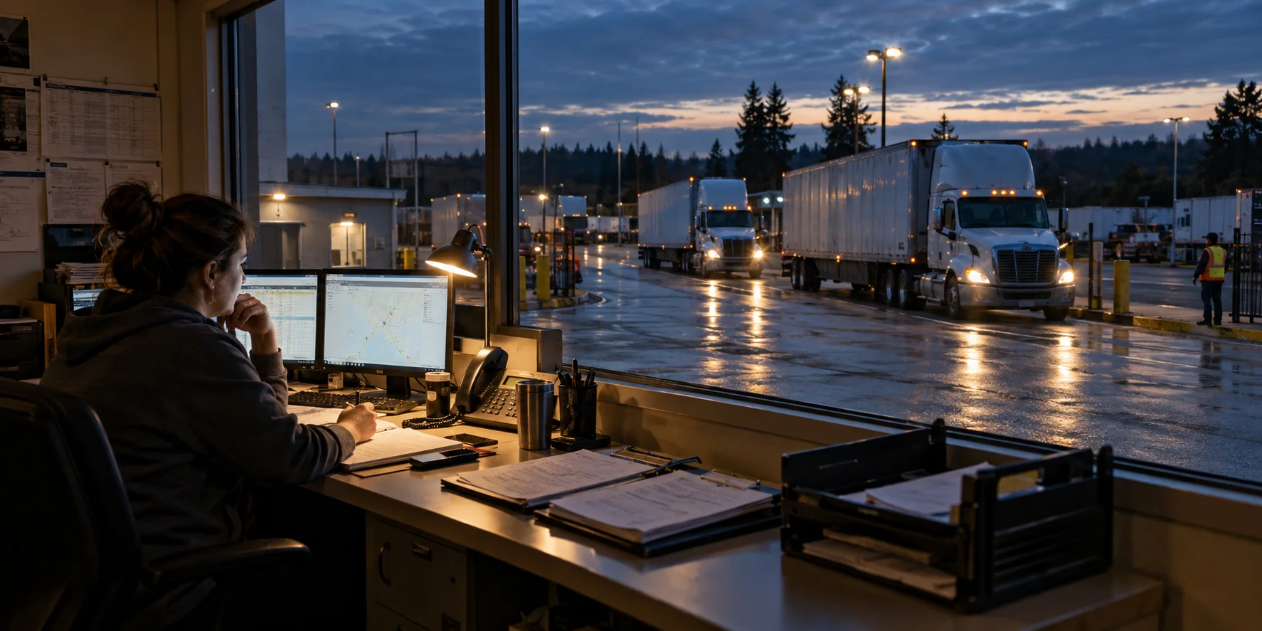 Dispatcher coordinating an active trucking yard at blue hour