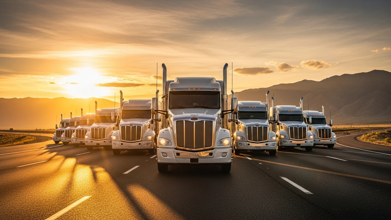 Truck fleet moving freight on an open highway at sunrise