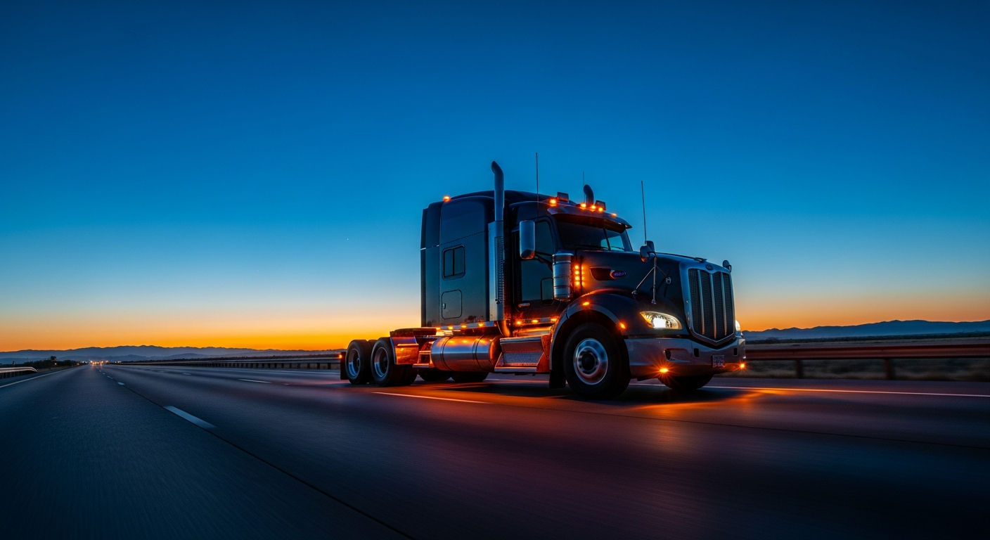 Freight truck traveling through a highway corridor at twilight