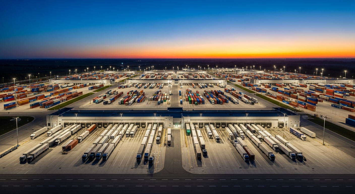 Modern logistics hub with trucks at loading docks at dusk